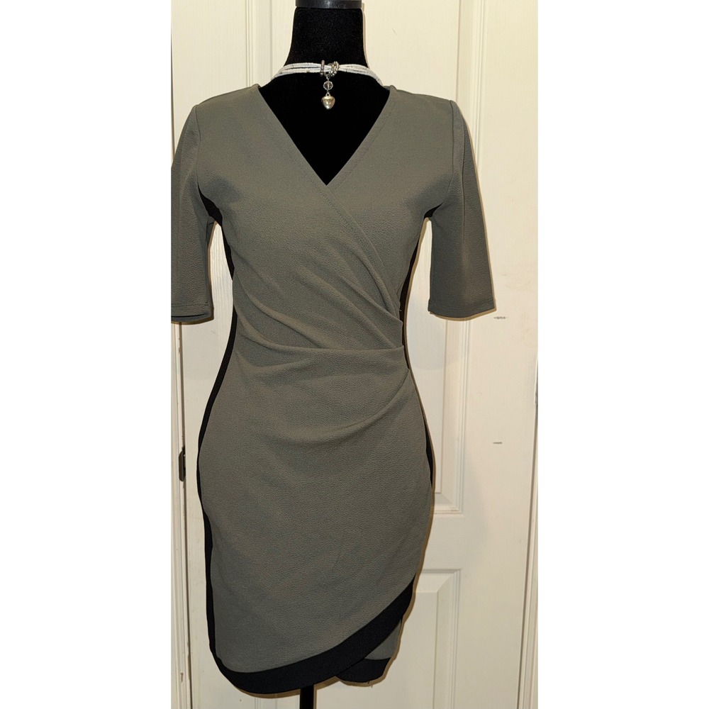 Almost Famous Olive Green Black Colorblock Faux Wrap Sheath Dress Medium P174250